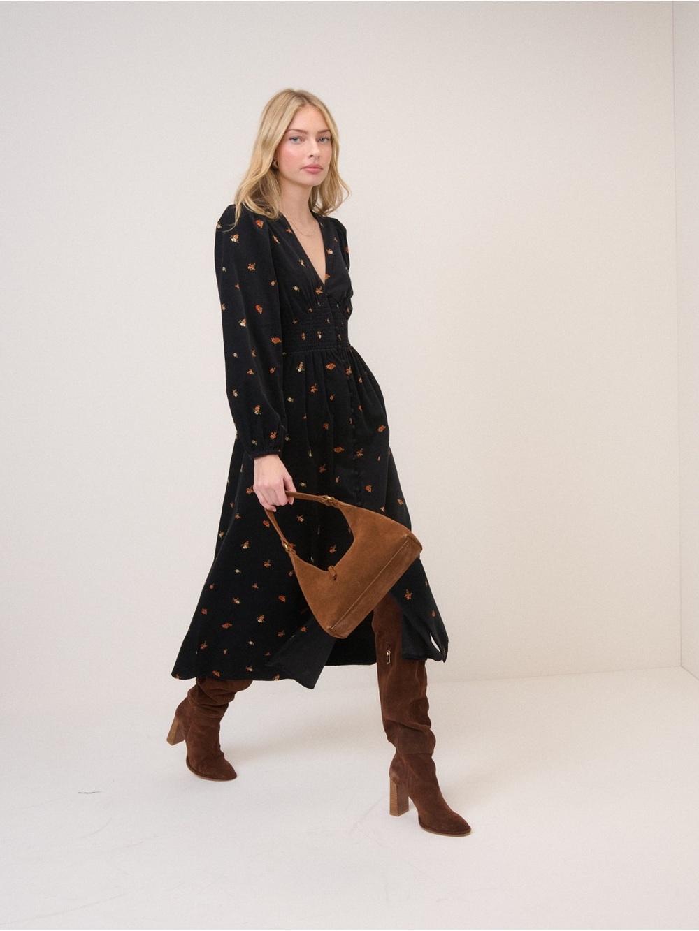 Nobody’s Child Black Floral Long-Sleeve V-Neck Midi Dress Has Pockets